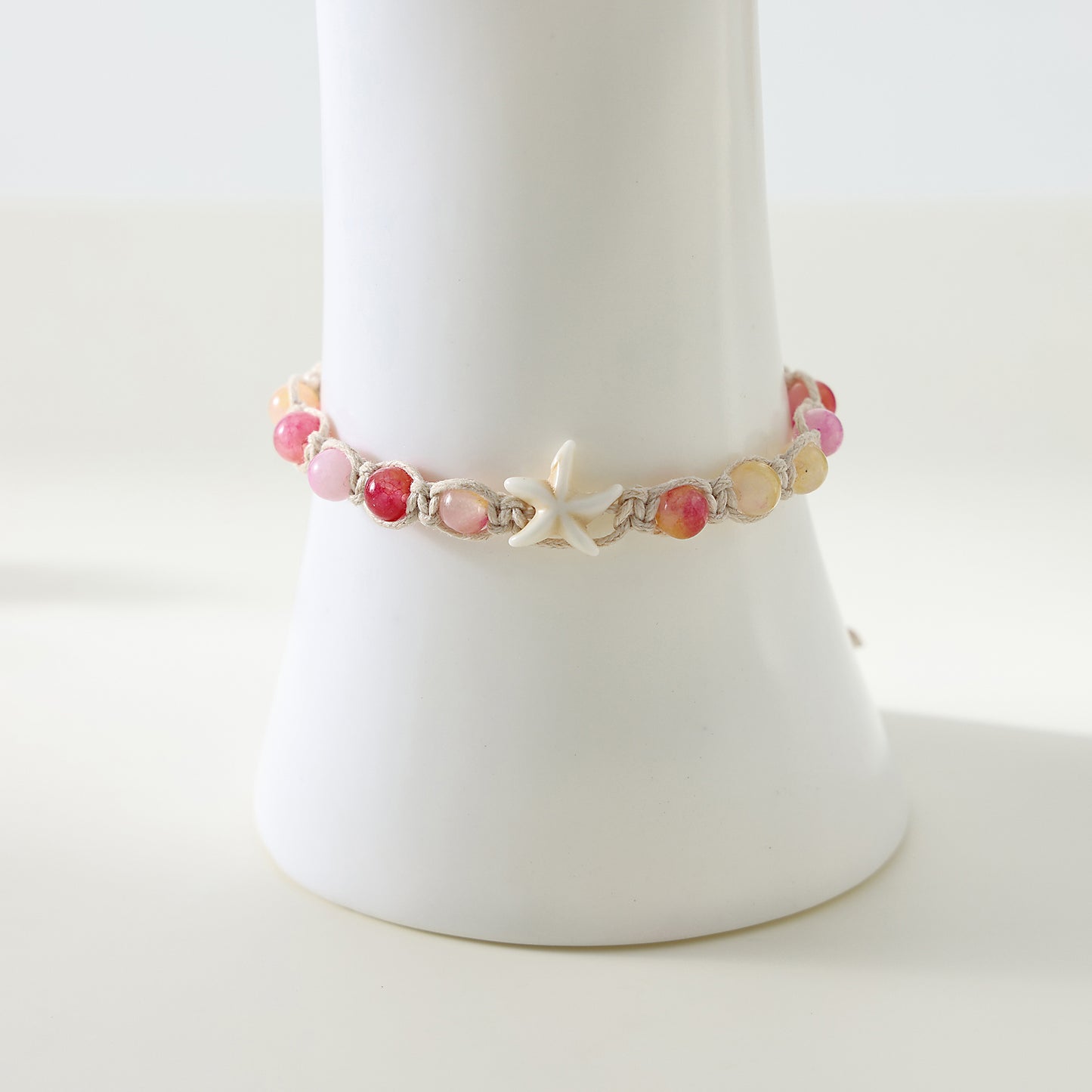 1 PC Bohemian Macramé Bracelet with Assorted Stone Beads & White Starfish Charm for Women & Girls - Summer Beach Jewelry & Gift (Adjustable Knot Design)