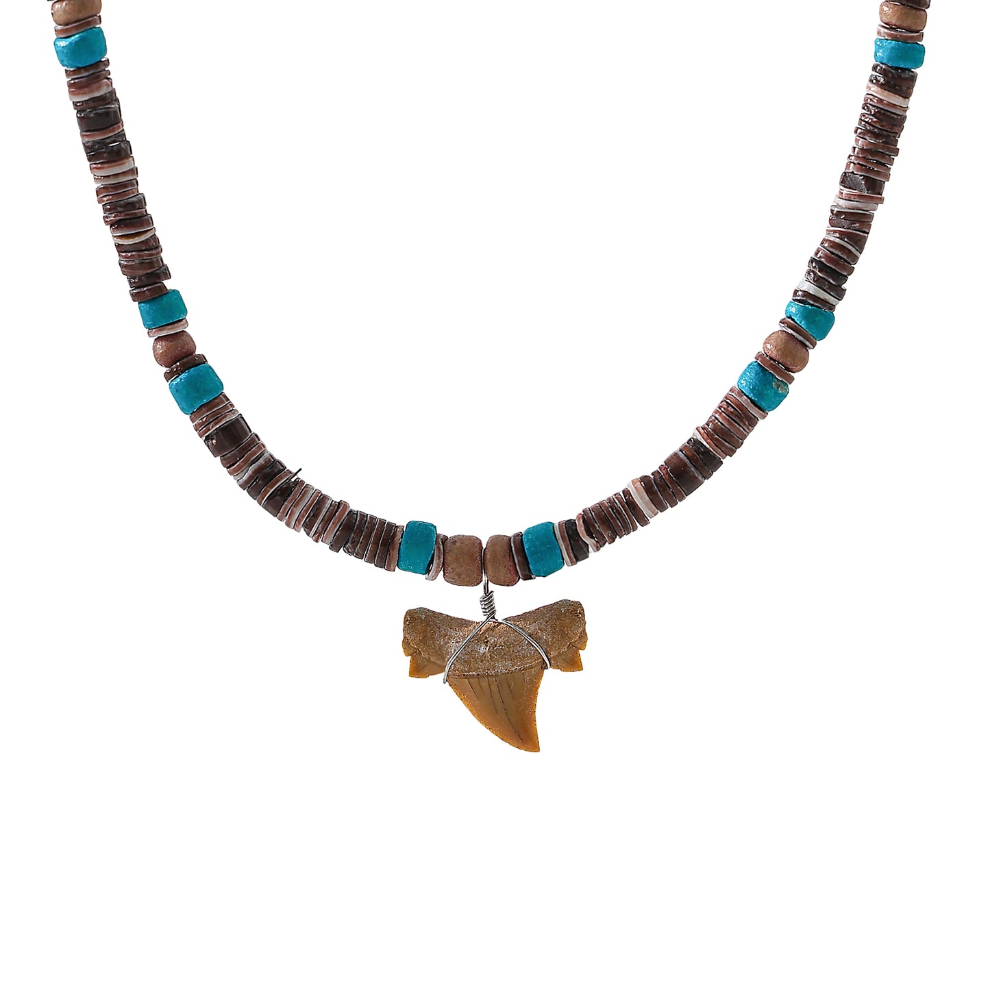 Shark Tooth fossil Necklace with brown and teal beads