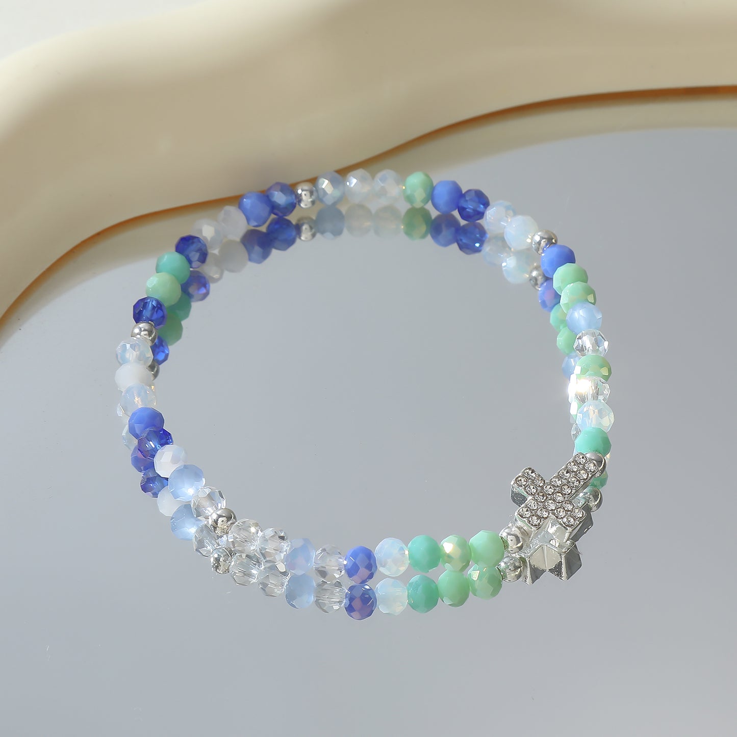 Elegant Crystal Cross Beaded Bracelet – Stretchable, Assorted Colors, Spiritual Charm Jewelry(random)