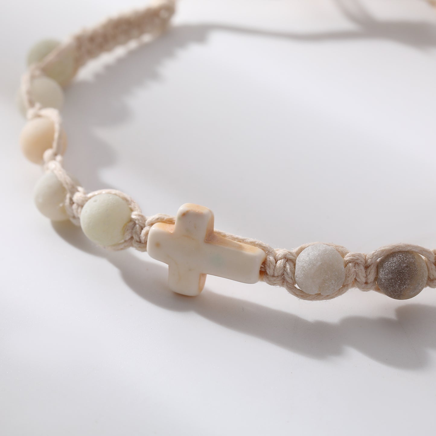Handmade White Macrame Bracelet with Colorful Stone Beads & White Cross - Boho Style Jewelry