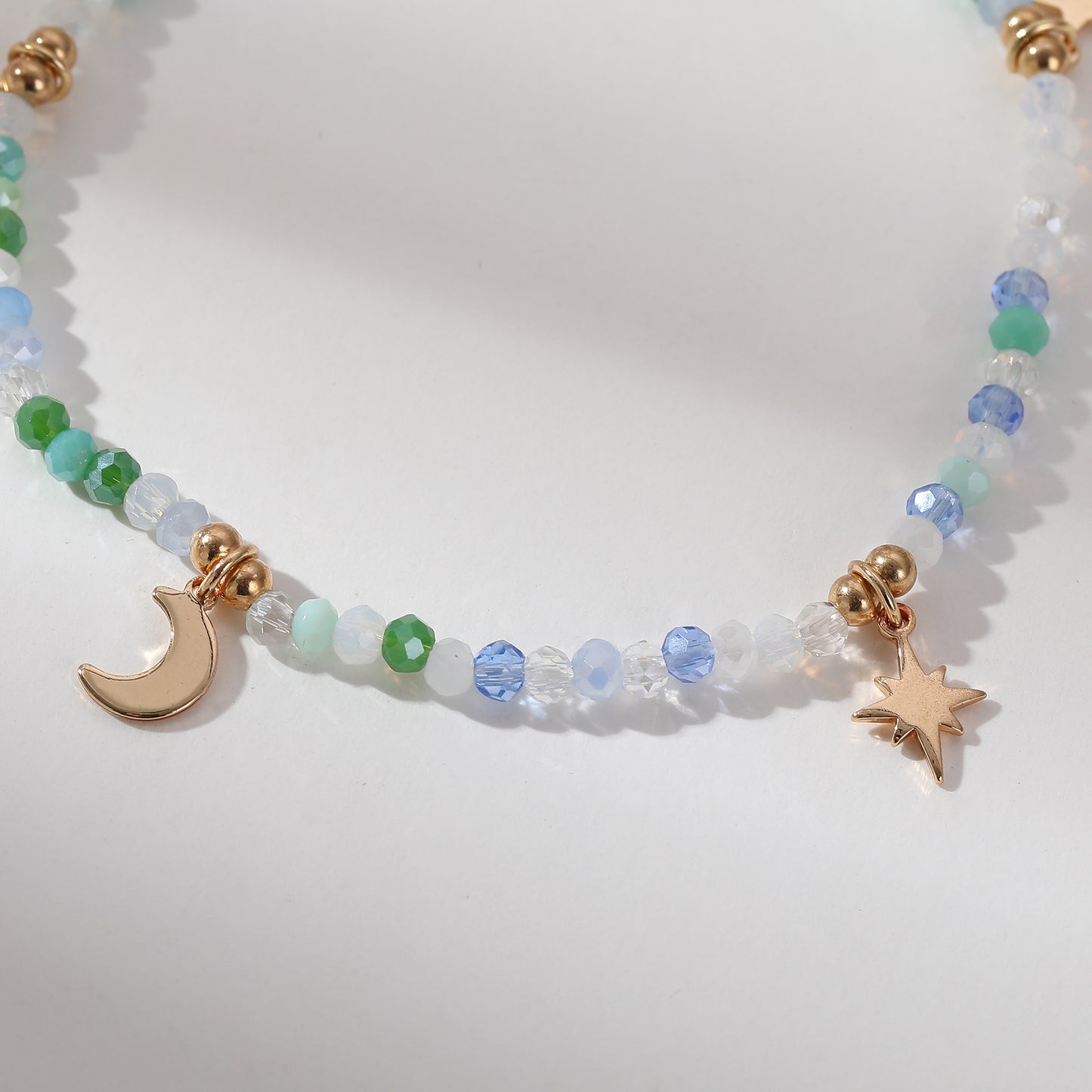 Multicolor Faceted Bead Bracelet with Gold Moon & Stars - Elastic Boho Jewelry for Women, Perfect Gift