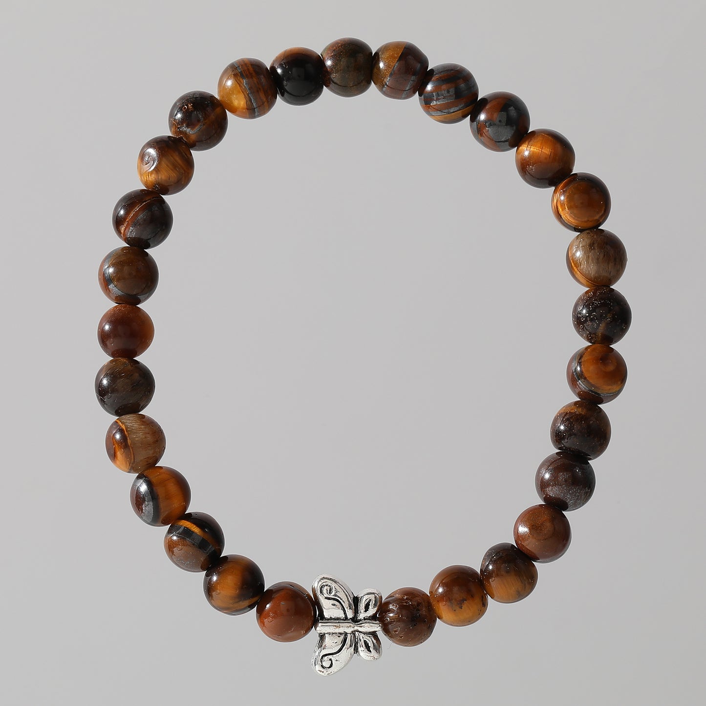 Genuine Stone Elastic Bracelet with Silver Butterfly Bead - Boho Chic Jewelry for Women, Perfect Gift