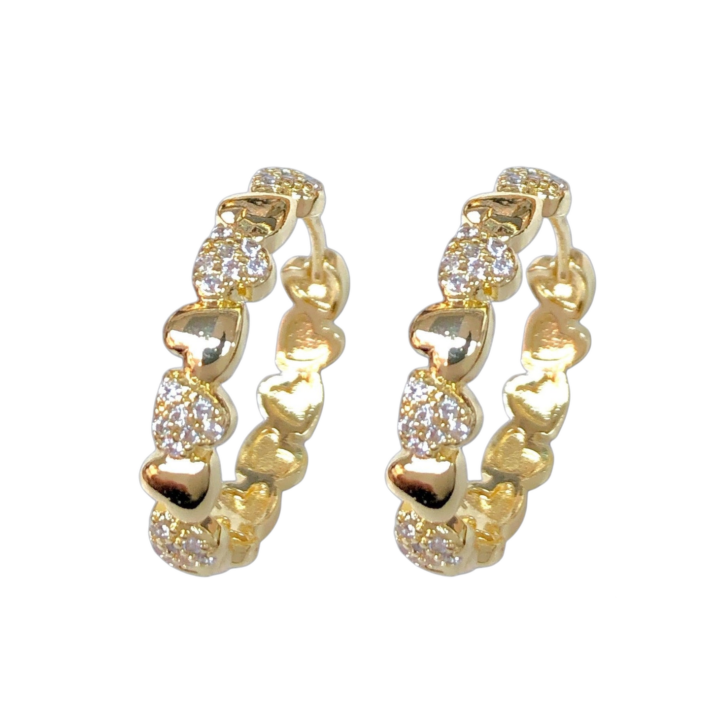 Oro Laminado Gold Filled Cupid Hearts CZ Hoop Earrings