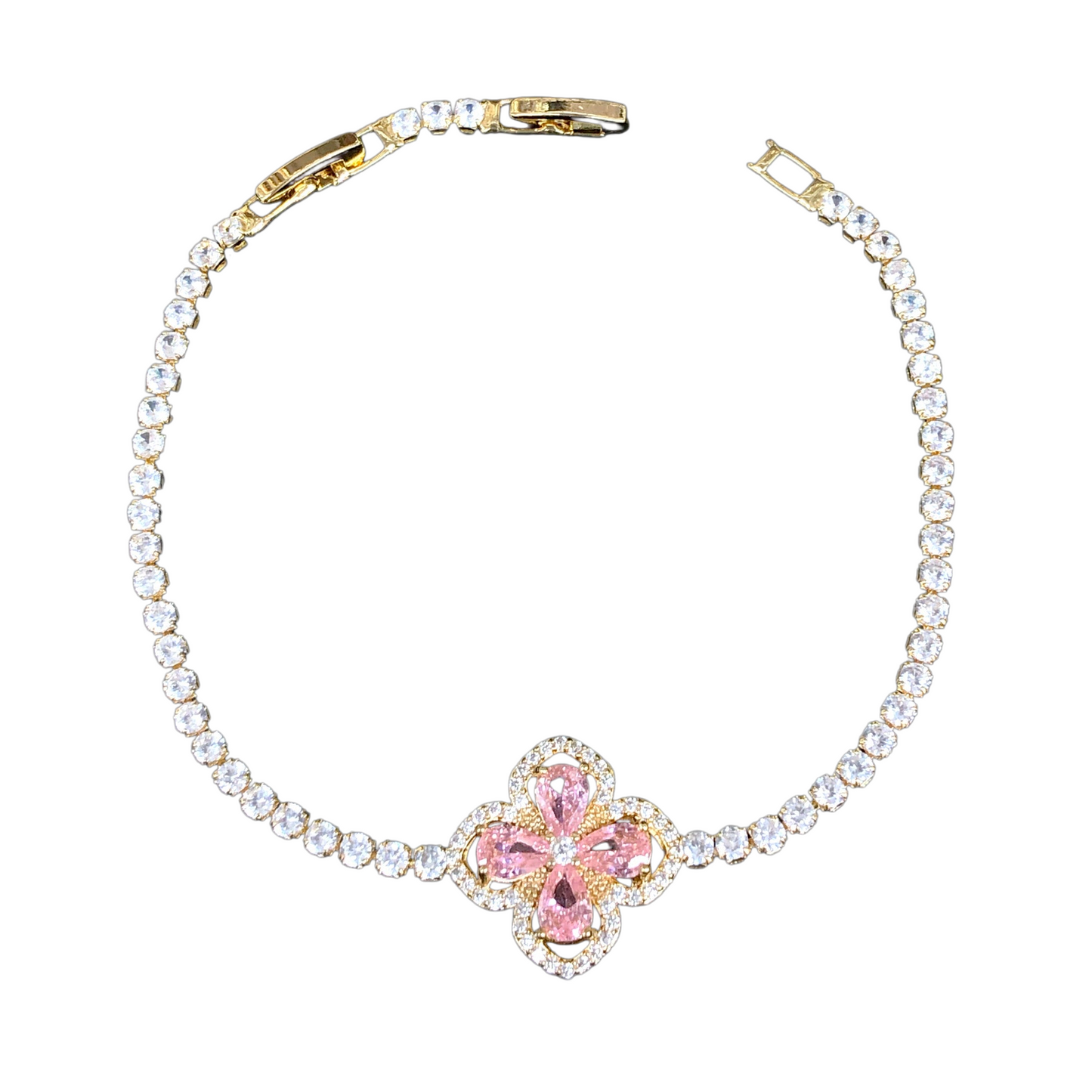 Oro Laminado Gold Filled Filigree Clover CZ Bracelet
