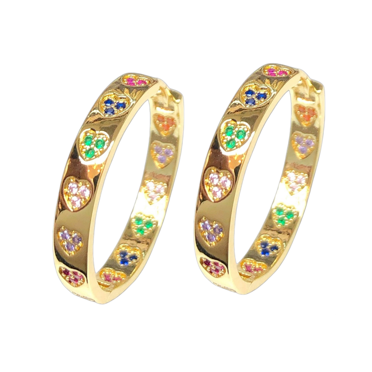 Oro Laminado Gold Filled Rainbow Heart CZ Hoop Earrings