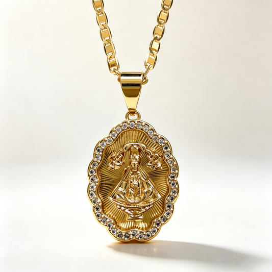 CUGN 2619  Gold  Oval Virgin Mary Charm Clear Stone  Necklace