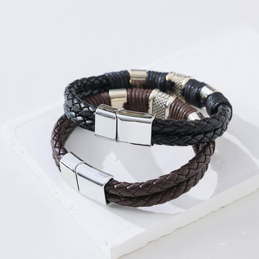 Men's Heavy - Duty Braided Leather Bracelet with Chunky Silvery Clasp, Durable and Stylish Accessory for Casual or Formal Wear