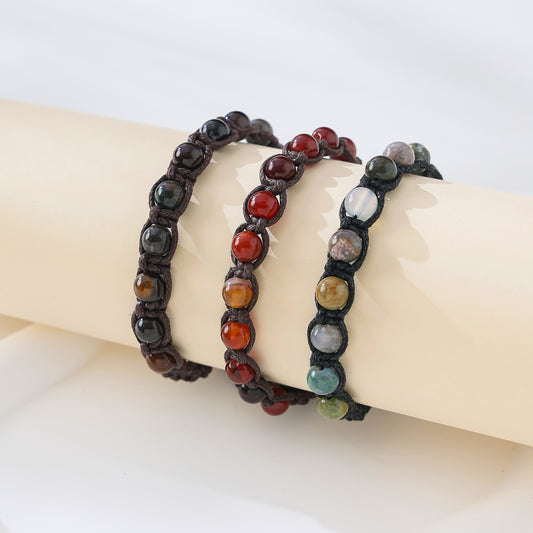 Bohemian - Style Macrame Adjustable Bracelet with Assorted Genuine Natural Stone Round Beads for Women and Men