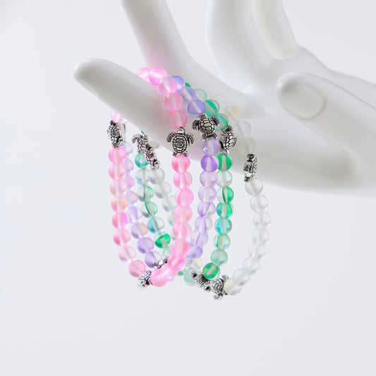 Charming Iridescent Beaded Bracelets with Silvery-Tone Turtle Charms for Women and Teens