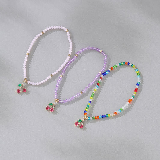 Charming Elastic Beaded Bracelets with Colorful Crystal Cherry Charms for Women and Girls