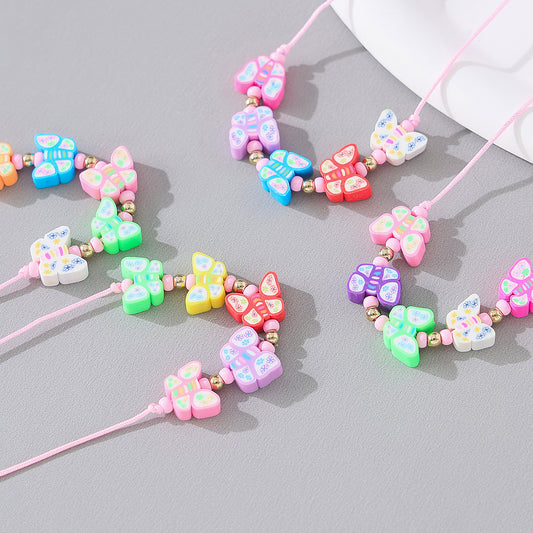 Adorable Hand - crafted Assorted Fimo Butterfly Bracelet for Girls and Women - Pastel Colors, Adjustable Cord