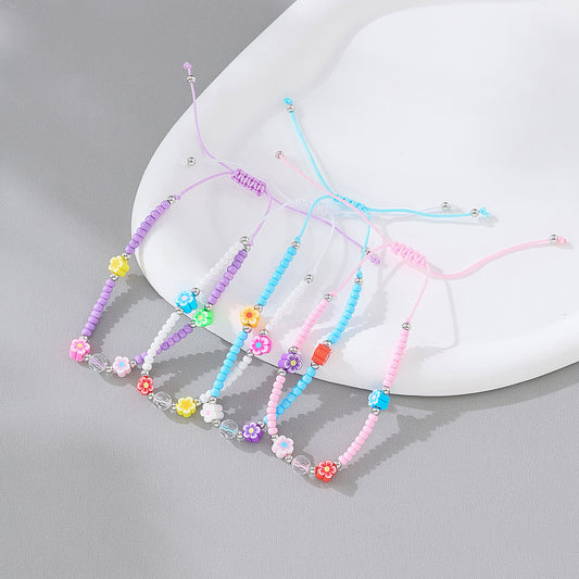 Charming Beaded String Bracelets with Colorful Fimo Flower Beads for Women and Teens - Handmade Adjustable Jewelry
