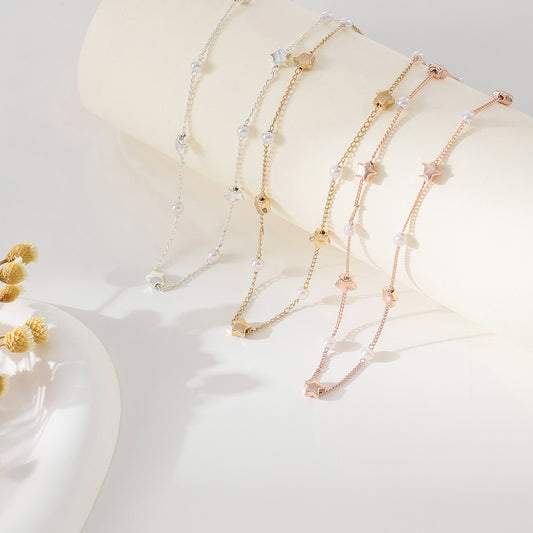 Stylish Star - Pearl Layered Necklaces in Silver, Gold, and Rose Gold for Women
