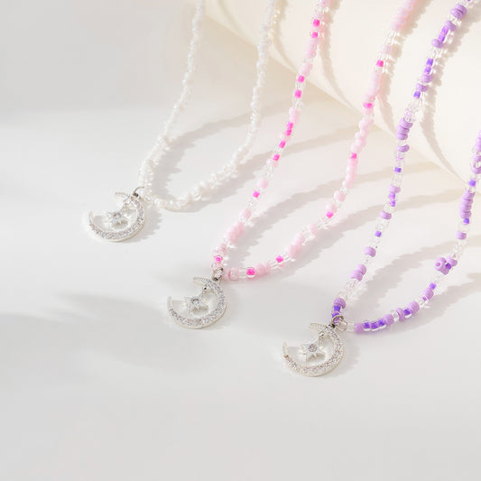 Enchanting Assorted Beaded Necklaces with Sparkling Crystal Half - Moon & Star Pendants for Women