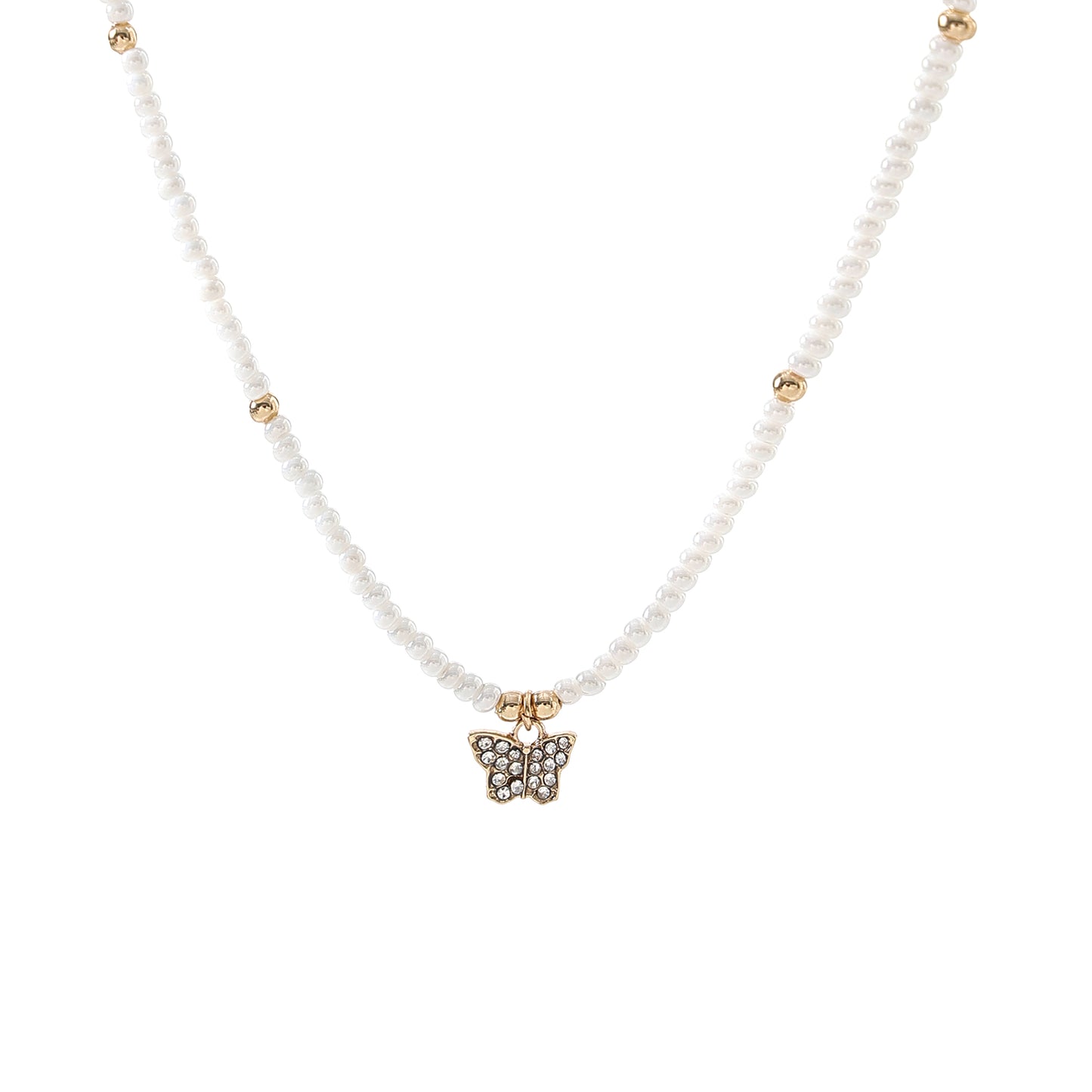 Assorted crystal Butterfly golden charm with small pearls and golden bead Necklace