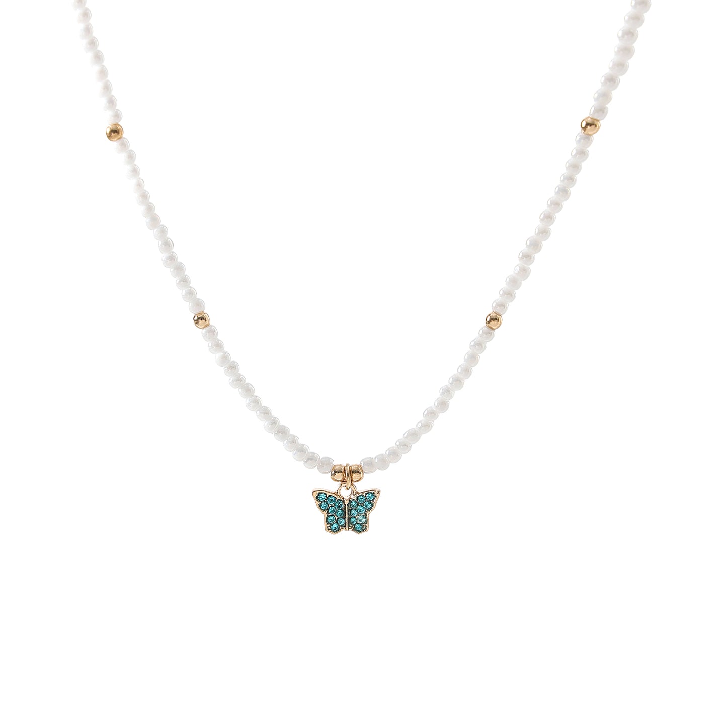 Assorted crystal Butterfly golden charm with small pearls and golden bead Necklace