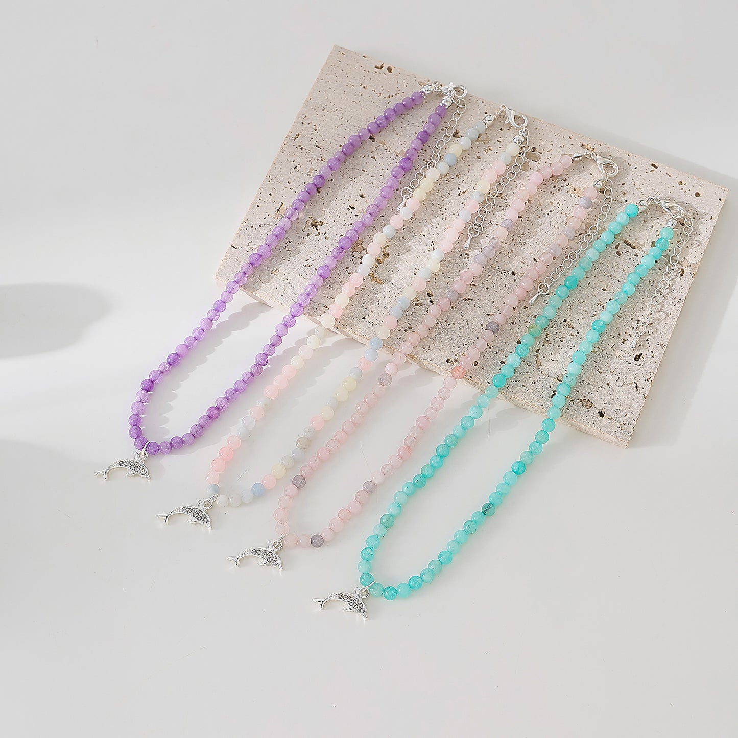 Exquisite Stone - Beaded Necklaces with Sparkling Clear Crystal Dolphin Charms (Assorted Colors)