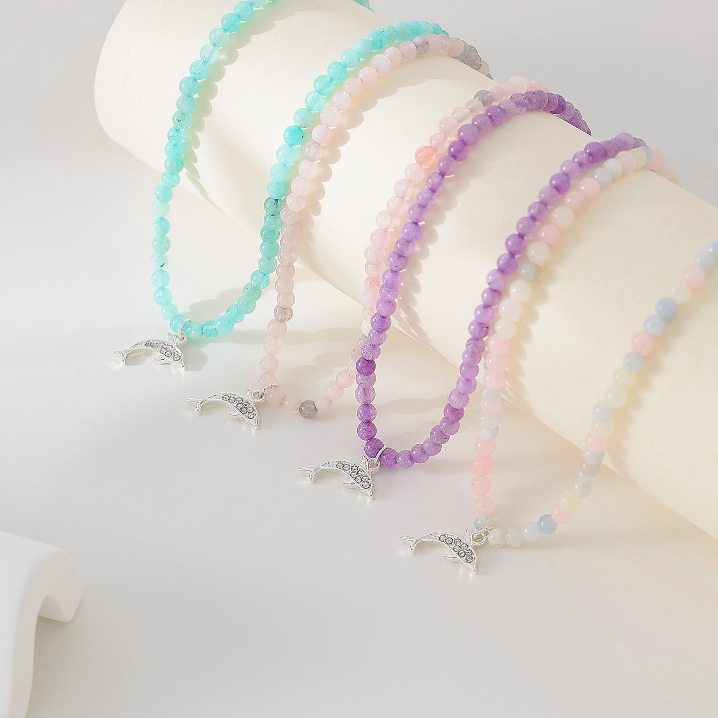 Exquisite Stone - Beaded Necklaces with Sparkling Clear Crystal Dolphin Charms (Assorted Colors)