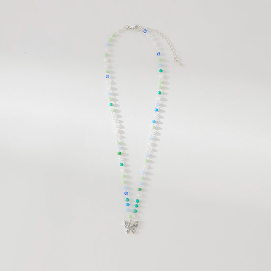 Assorted beaded chain Necklace with clear Crystal Butterfly charm