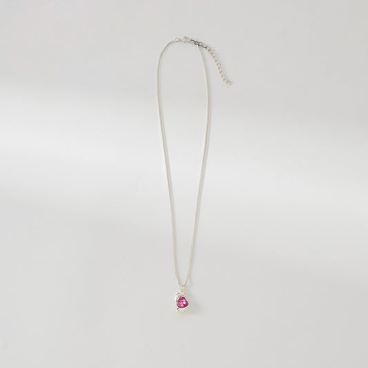 Two Dolphins surrounding Crystal Heart pendant on silvery chain Necklace