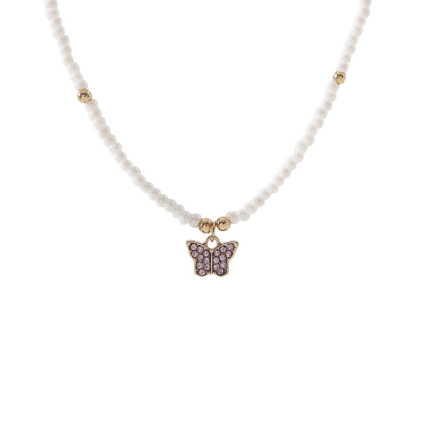 Assorted crystal Butterfly golden charm with small pearls and golden bead Necklace