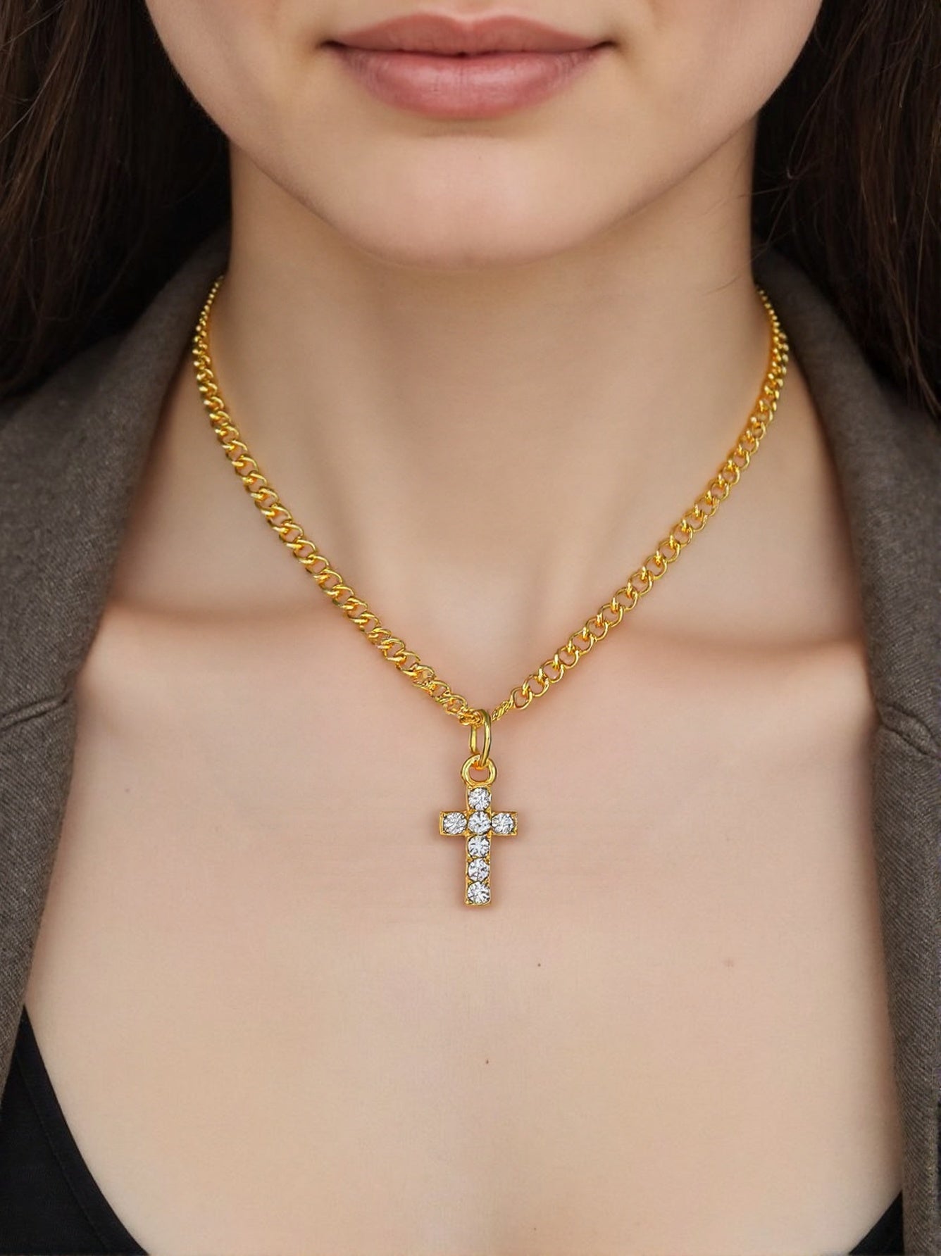 Rhinestone Cross Pendant on Gold Chain Necklace