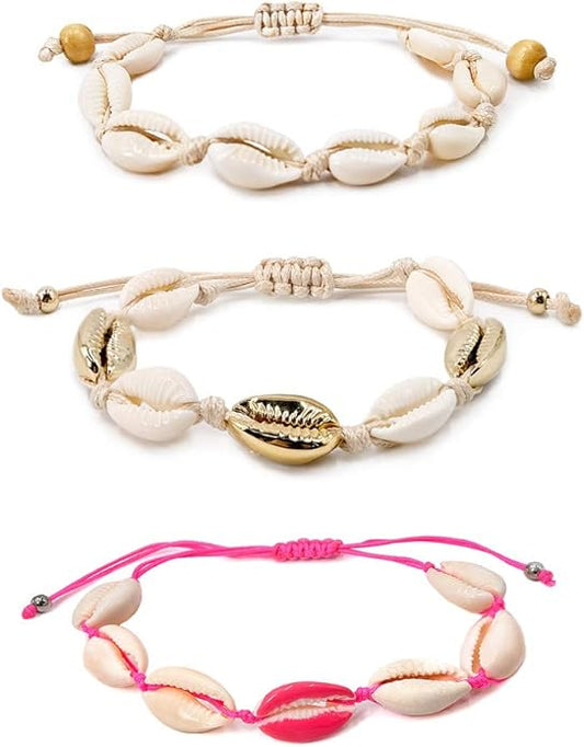 Natural Cowrie Shell Best Friends Forever(BFF) 3 Pcs Seashell Bracelet Sets, Handmade Boho White Seashell, Perfect for Beach Vacations & Gifting