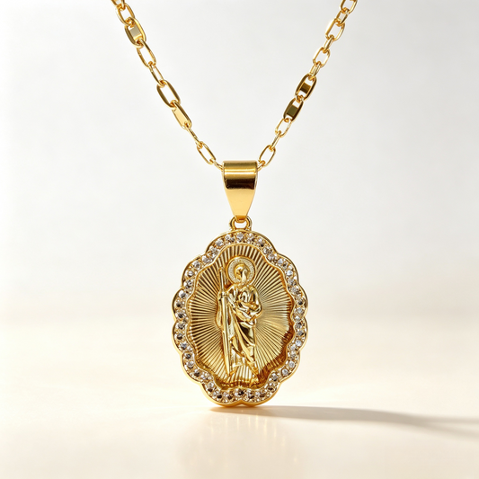 CUGN 2614  Gold  St Judas Oval Pendant  Clear Stone Necklace