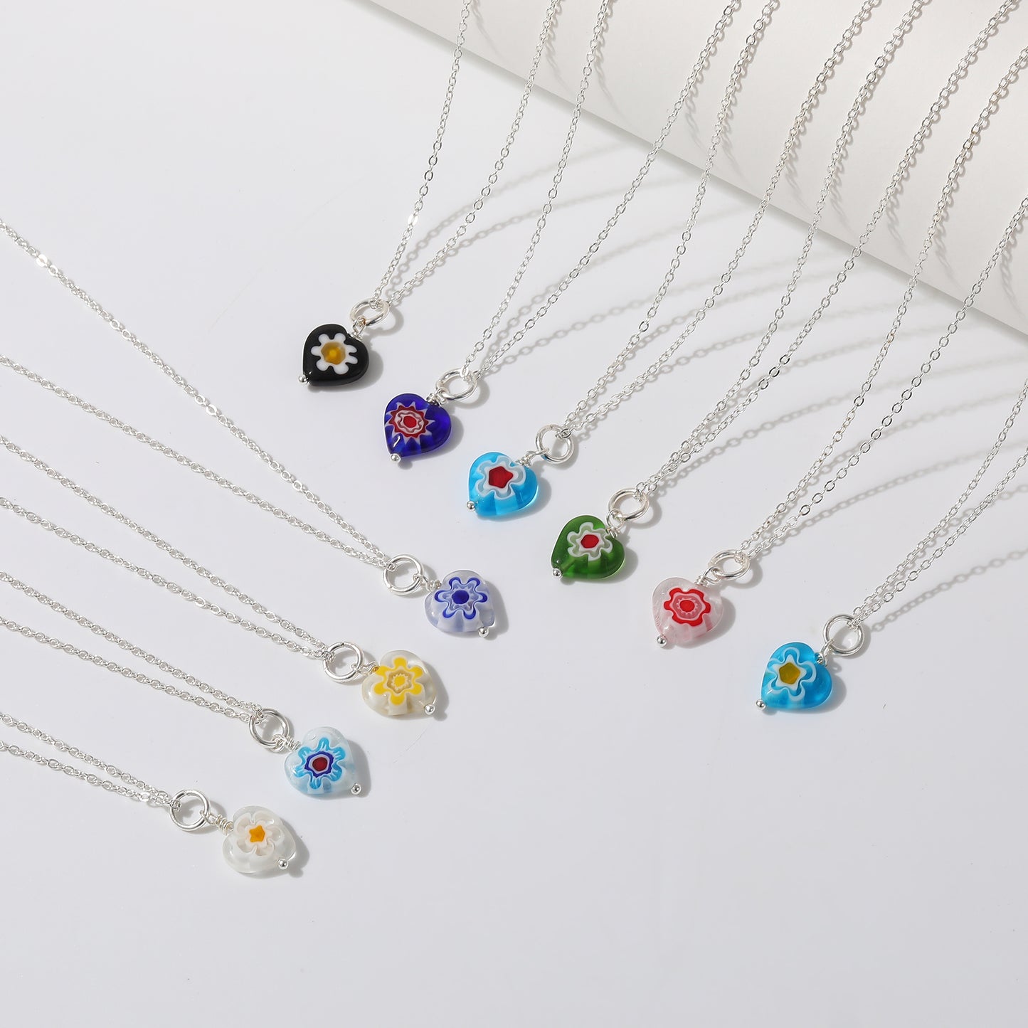Assorted Heart Glass Bead Necklace on Silvery Chain (Random)