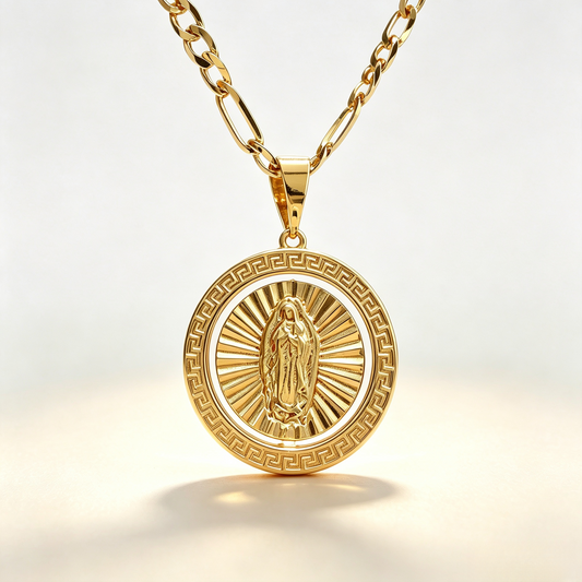 CUGN 2627 Gold  ROUND Virgin Mary Charm Necklace