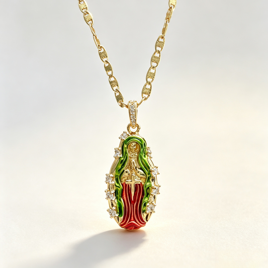CUGN 2633 Gold  Virgin Mary Red/Green Enamel  Necklace