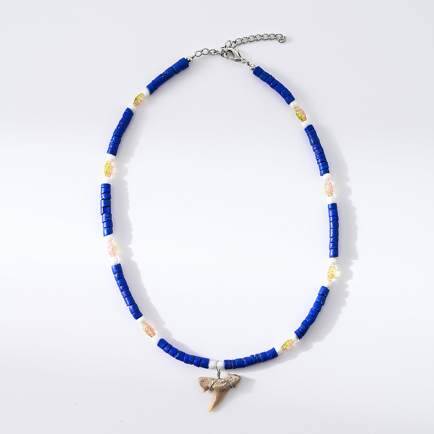 1pc Boho Beach Necklace, Shark Tooth & Iridescent Beads (Black/Brown/Blue/Cream), Colorful Accents, Unisex Summer Vacation/Beach Party/Layering Gift