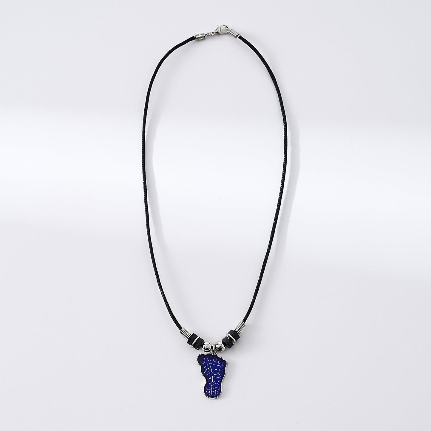 1pc Mood Foot Print with the words Big Foot inside Necklace Street Style Pendant Necklace, Black Rope Chain with Blue Footprint Pendant,  Silver Beads, Unisex Gift for Music Lovers/Festivals/Casual Wear