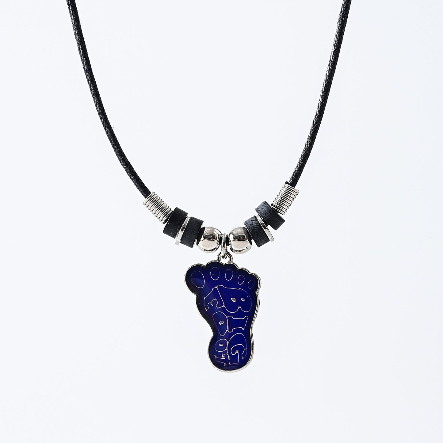 1pc Mood Foot Print with the words Big Foot inside Necklace Street Style Pendant Necklace, Black Rope Chain with Blue Footprint Pendant,  Silver Beads, Unisex Gift for Music Lovers/Festivals/Casual Wear
