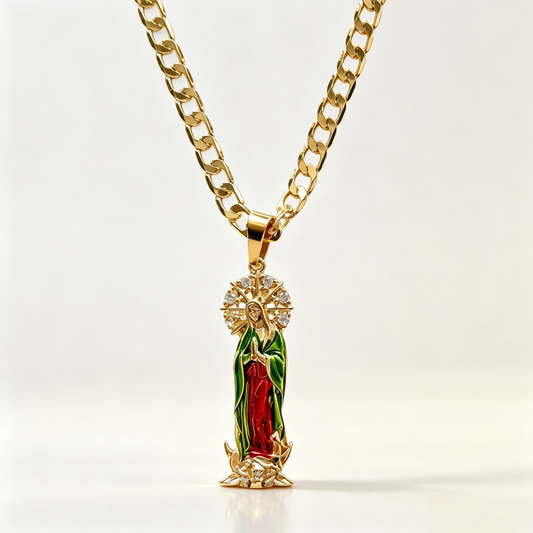 CUGN 2635 Gold  Virgin Mary Charm Red/Green Enamel Necklace