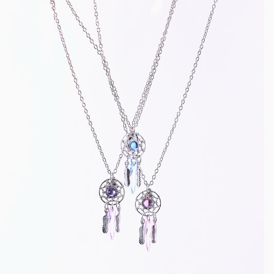 3-Pack Assorted Dreamcatcher BFF Necklaces – Sterling Silver Chains with Iridescent Feathers & Gemstones (Blue/Purple/Pink Variants)