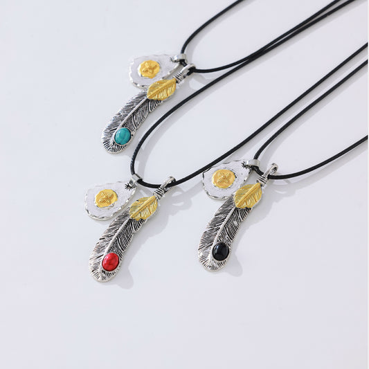 Vintage Feather Pendant Necklace with Gemstone Accents – Boho Style Jewelry for Men and Women, Black Cord with Silver & Gold Design