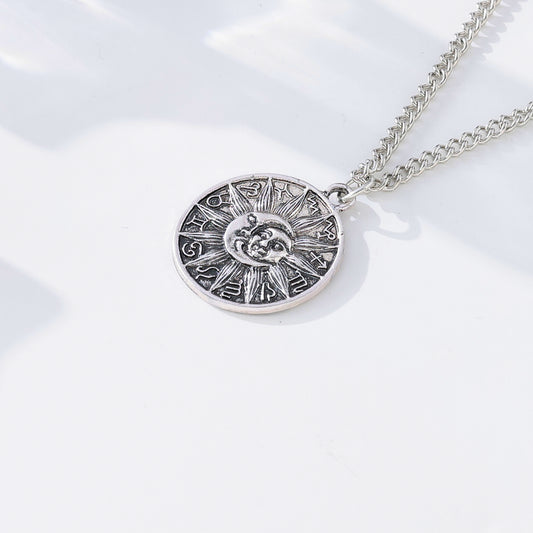 Moon & Sun Celestial Necklace – Vintage Silver Pendant with Astrological Symbols, Boho-Gothic Style Jewelry for Women & Men