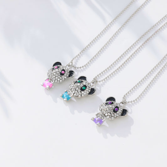 Rhinestone Panda Pendant Necklace – Sparkling Purple Gemstones, Silver-Plated Chain & Playful Design for Teens & Women