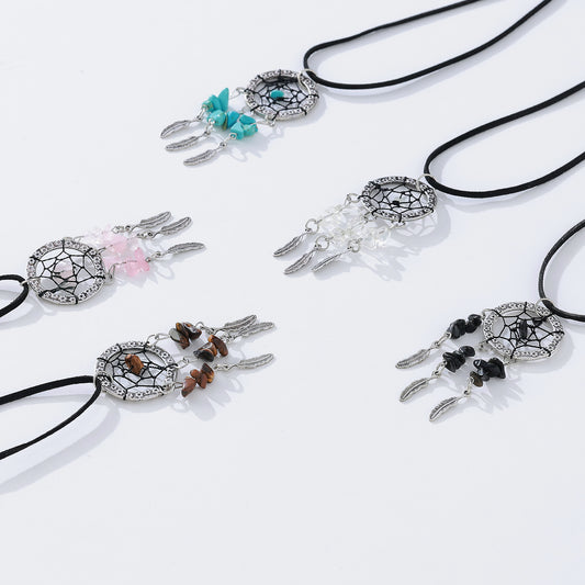 Bohemian - Style Large Dreamcatcher Gemstone Necklace for Women - Handcrafted with Crystals and Natural Stones, Boho Chic Jewelry