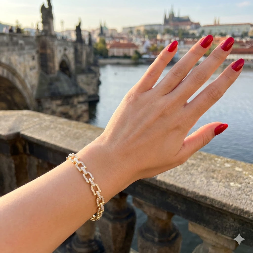 GOLD FILLED ORO LAMINADO HORSESHOE LINK ZIRCONIA BRACELET