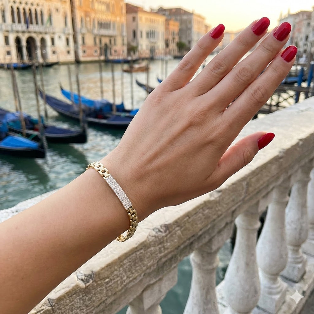 GOLD FILLED ORO LAMINADO VENETIAN ROLX ZIRCONIA ID BRACELET