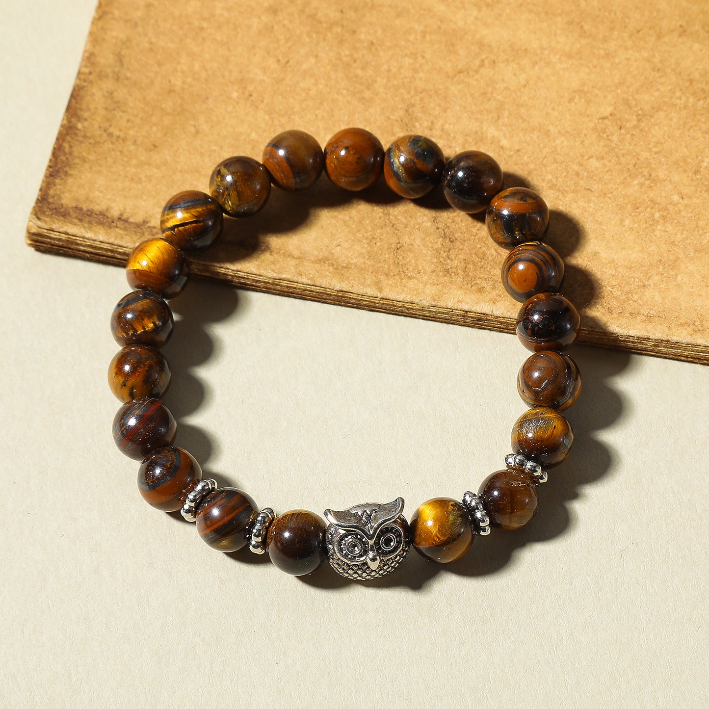 Handmade Genuine Stone Bead Bracelet with Silver Owl Charm - Bohemian Elastic Jewelry
