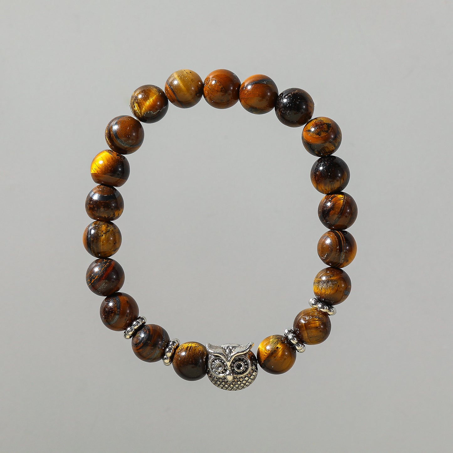Handmade Genuine Stone Bead Bracelet with Silver Owl Charm - Bohemian Elastic Jewelry