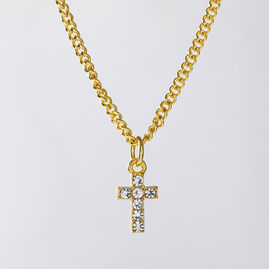 Rhinestone Cross Pendant on Gold Chain Necklace