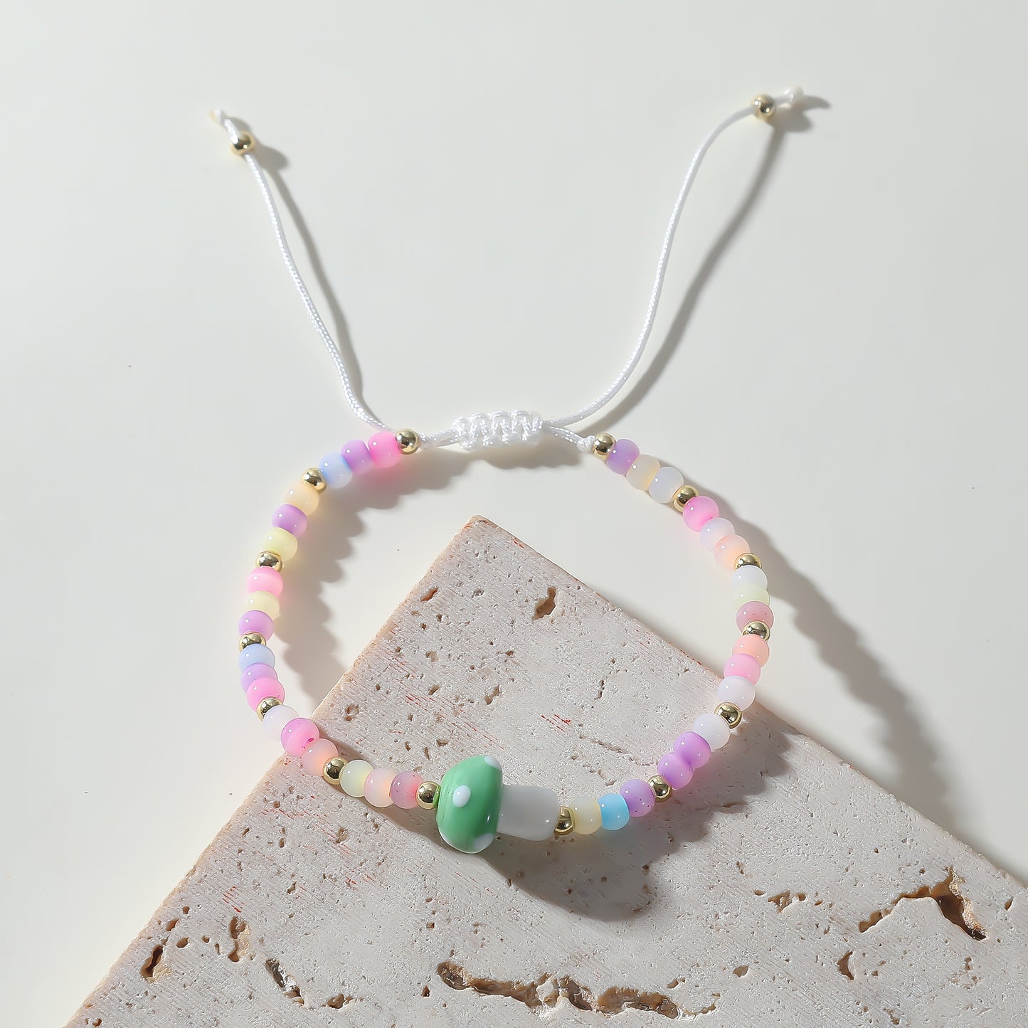 Pastel Beaded Bracelet with Glass Mushroom Charm - Handmade Boho Jewelry for Women