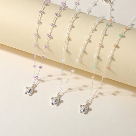 Assorted Beaded Necklace with Silver Turtle Charm - Boho Chic Jewelry for Women in Pastel Colors