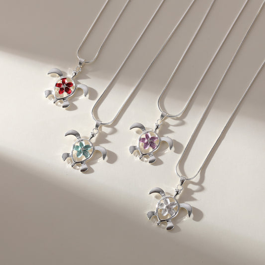 Tortoise with Flower Necklace - Sterling Silver Jewelry for Women - Unique Handmade Gift