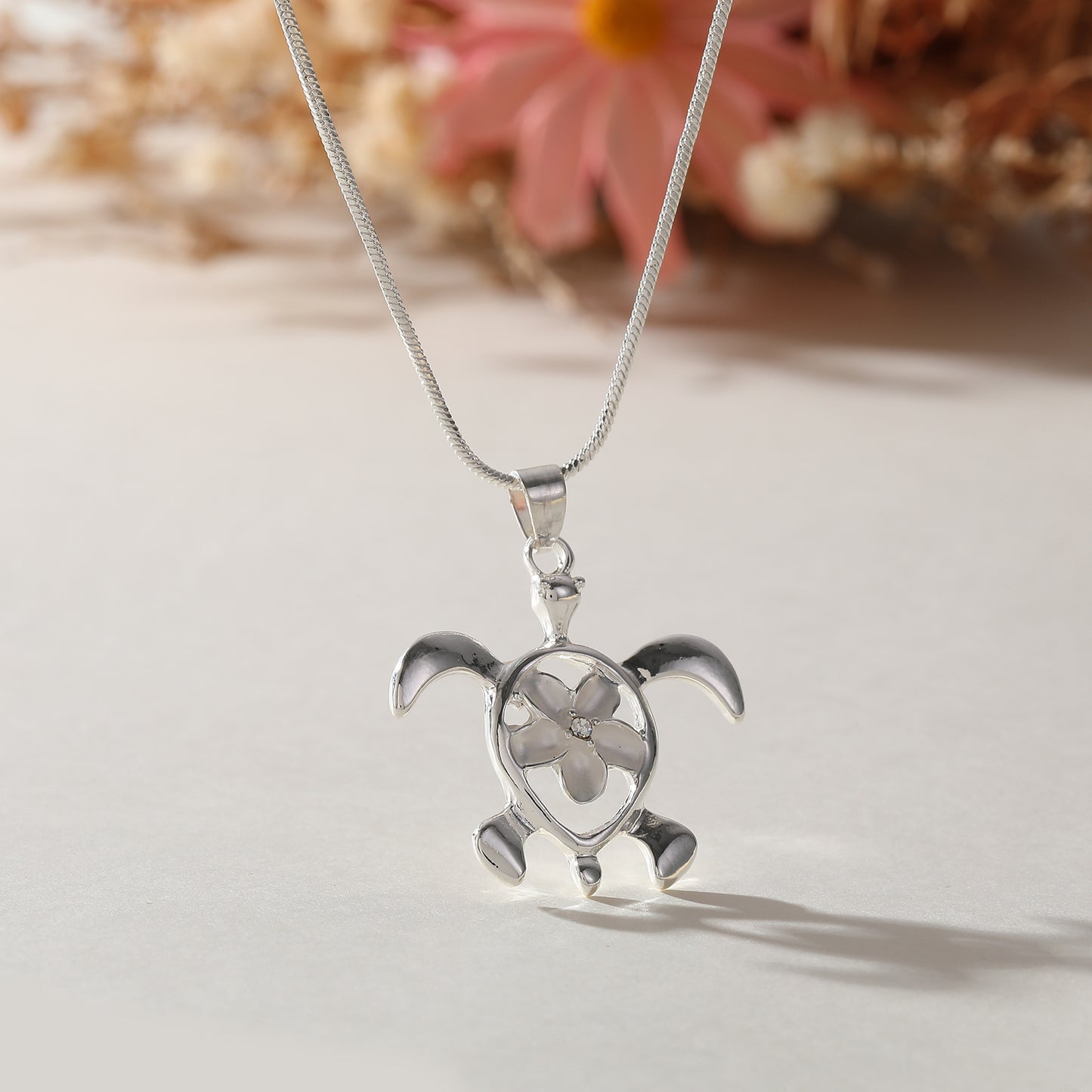 Tortoise with Flower Necklace - Sterling Silver Jewelry for Women - Unique Handmade Gift