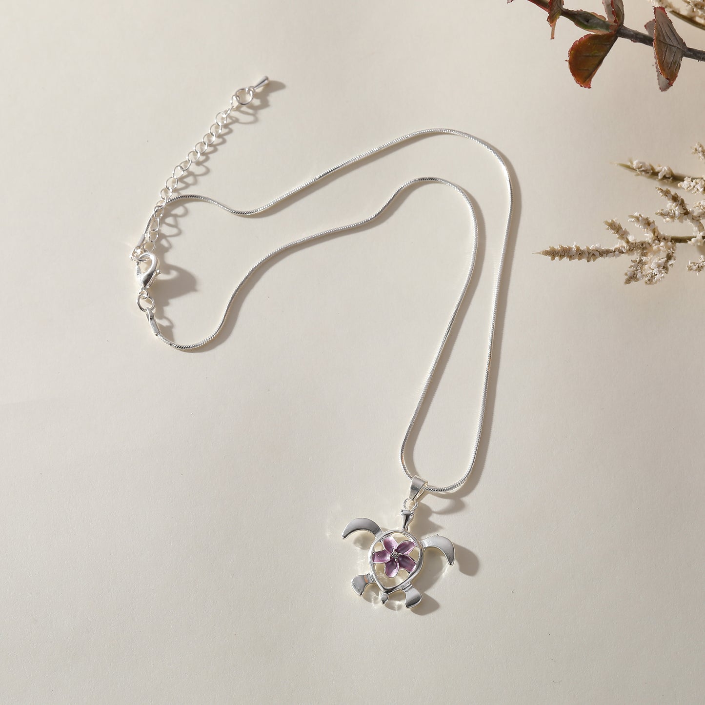 Tortoise with Flower Necklace - Sterling Silver Jewelry for Women - Unique Handmade Gift